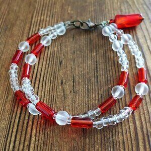Red and White Double Strand Beaded Ladies Bracelet